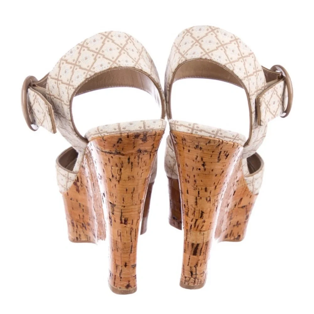 Auth Louis Vuitton Peep Toe Cream Cork Platform Wedge strap vintage 7.5 37.5 - Picture 4 of 6